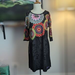 DESIGUAL Longline Tunic Top  Black Rainbow Geometric Flowers Side Slits  S